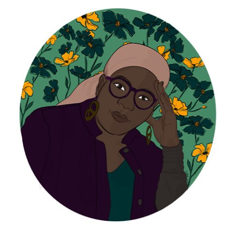 illustration of a dark-skinned woman in glasses wearing a head scarf